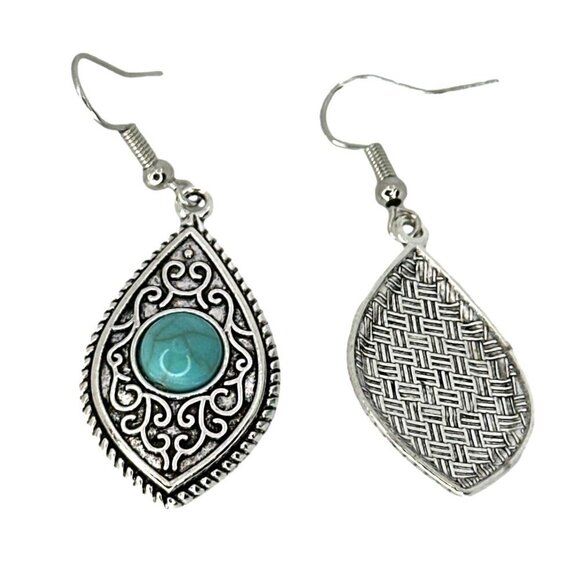 Antique Silver Tone Teardrop Earrings With Turquoise Stone Accent 2 Inches Long - Picture 3 of 3